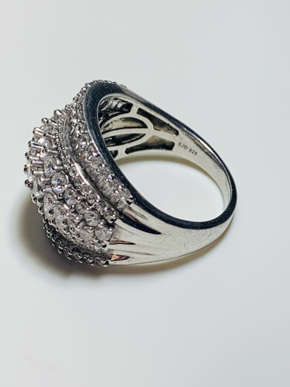 Sterling Silver 925 Multi-Row CZ Cluster Ring - White (Size 10-11)